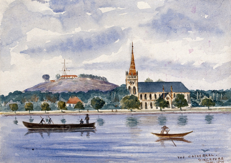 Singapore: view across the harbour to Fort Canning and the cathedral, 1879. Creator: John Edmund Taylor.