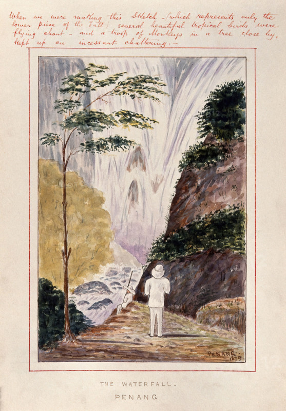 Malaya: a man at the foot of a huge waterfall on Penang Island, 1879. Creator: John Edmund Taylor.