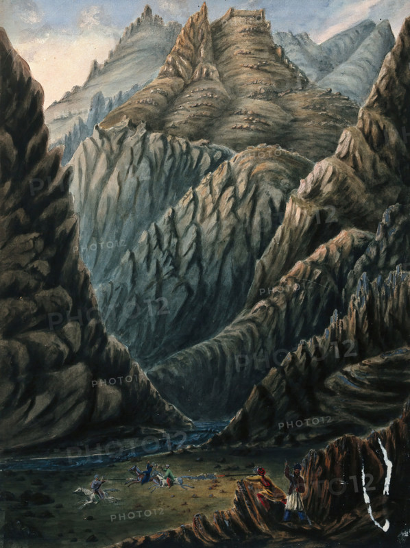 Shooting skirmish below mountains, Afghanistan. Creator: Unknown.