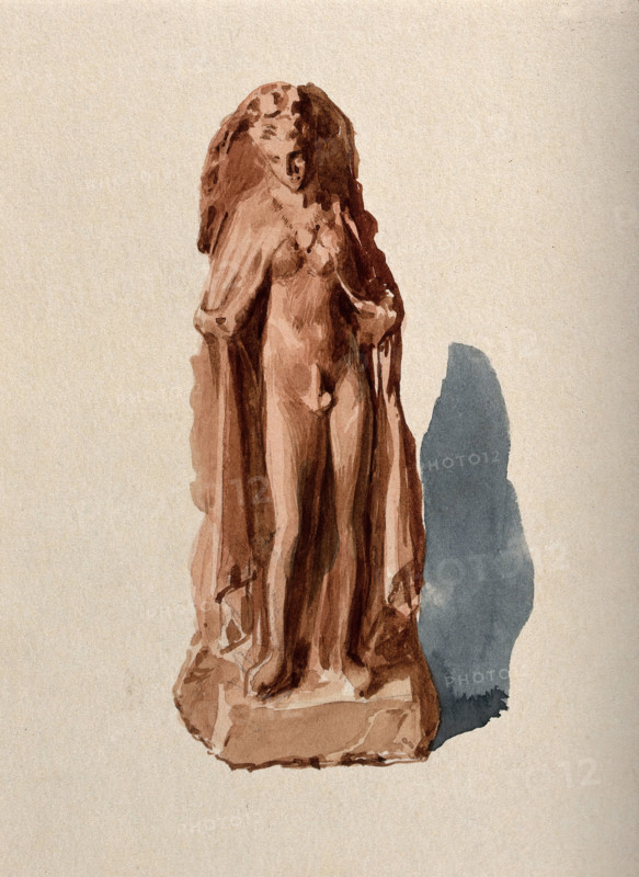 A clay figure of an intersex person revealing their genital area (Hermaphroditos anasyromenos). Creator: Unknown.