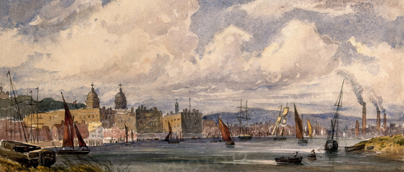 Royal Naval Hospital Greenwich, viewed from afar with many ships in the foreground. Creator: Unknown.