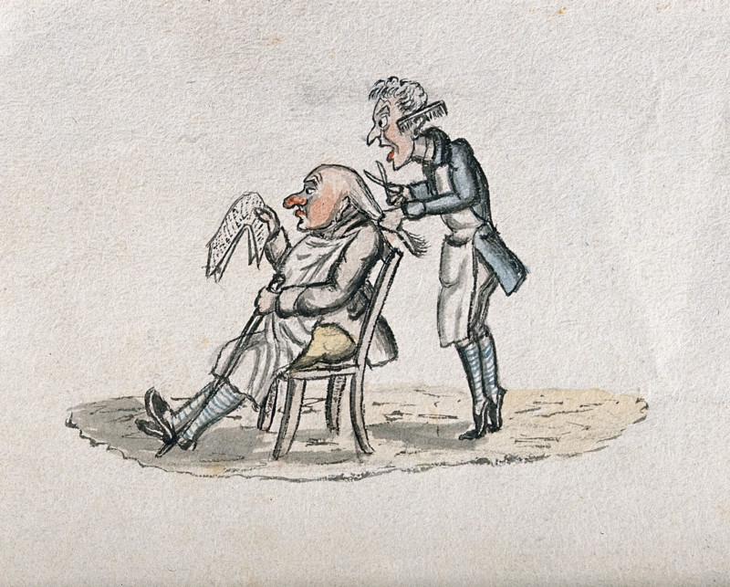 A barber cutting a man's hair. Creator: Unknown.