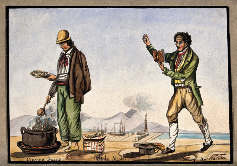The dockside in Naples: a man is cooking snails in a pot over an open fire..., 1800-1899. Creator: Unknown.