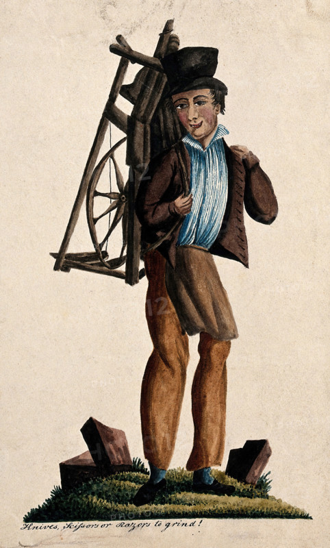 A man is carrying a knife grinder's wheel on his back. Creator: Unknown.