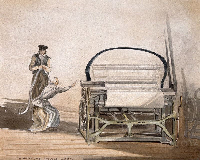 Textiles: Crompton's belt-driven power loom, with a man standing by and a woman working. Creator: Unknown.