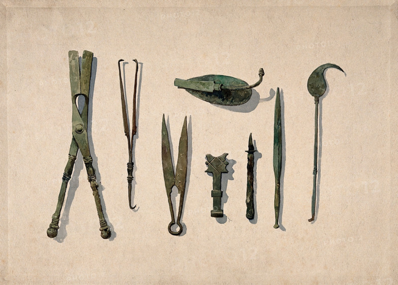 Eight ancient Roman surgical instruments, 1850-1910. Creator: Unknown.