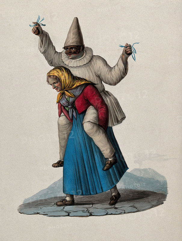 An old woman is carrying a masked pierrot on her shoulders. Creator: Unknown.