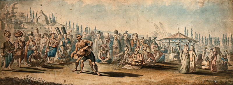 Spectators watching a wrestling match in a street in Turkey (?), (between 1800 and 1899?). Creator: Unknown.