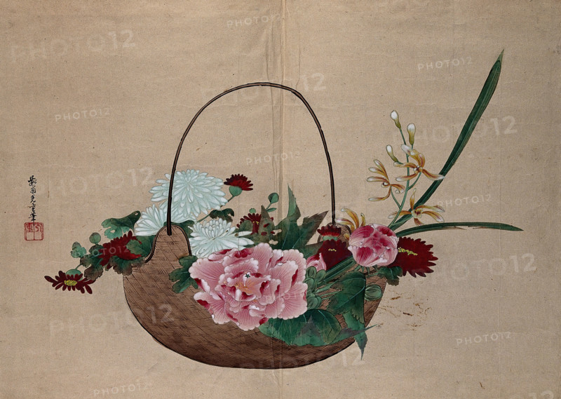 A basket of flowers, peonies, chrysanthemums and orchids. Creator: Unknown.