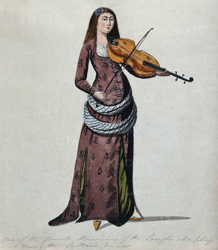 A woman from the Sultan's seraglio in Istanbul playing the violin. Creator: Unknown.