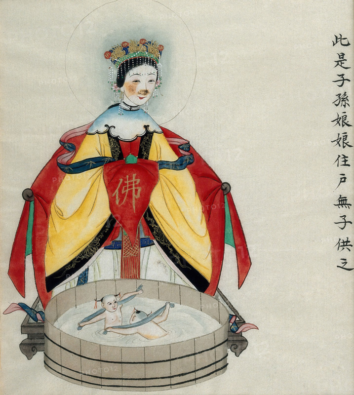 Zi Sunliang, a Chinese goddess, with two babies (?) bathing in front of her, 1800-1899. Creator: Unknown.