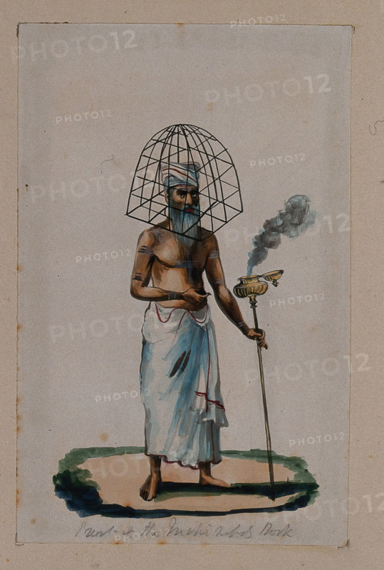 A priest with a protective cage (?) covering his head, holding a stick..., (between 1800 and 1899?). Creator: Unknown.