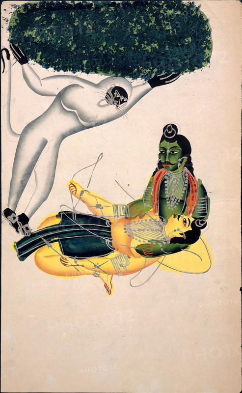 Hanuman, the monkey god, brings a Himalayan mountain with the herb... between 1800 and 1899. Creator: Unknown.