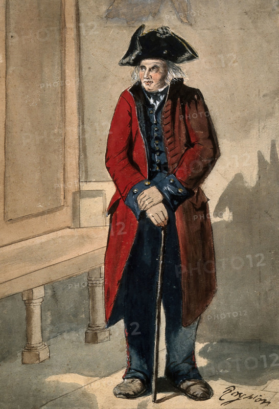 A Chelsea Pensioner standing in the hall at the Royal Hospital, leaning on his stick, c1680s.. Creator: Sir Christopher Wren.