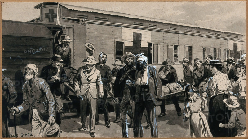 Boer War: wounded Boers are getting off a train, and one is being carried on a stretcher, 1900. Creator: George Soper.