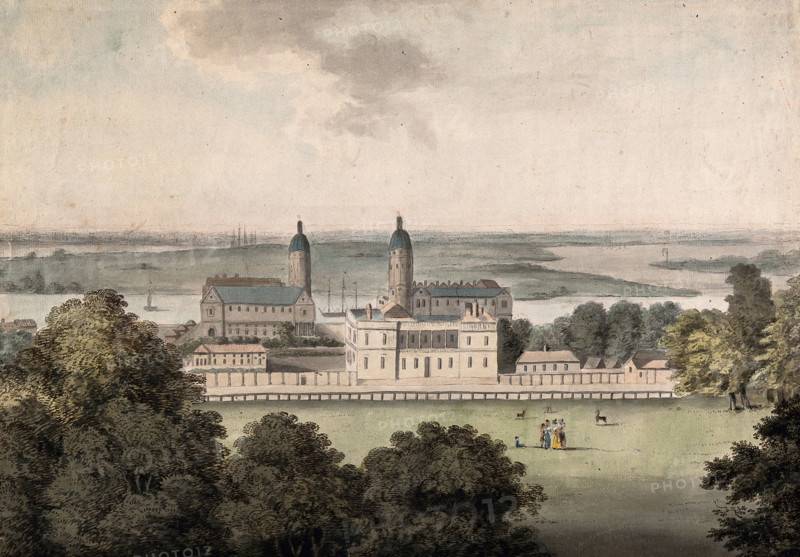 The Royal Naval Hospital and the Queen's House, Greenwich, the Isle of Dogs beyond, c1800s.. Creator: George Samuel.