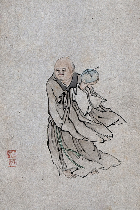 A Chinese man holding a bowl containing a spoon, (between 1800 and 1899?). Creator: Unknown.