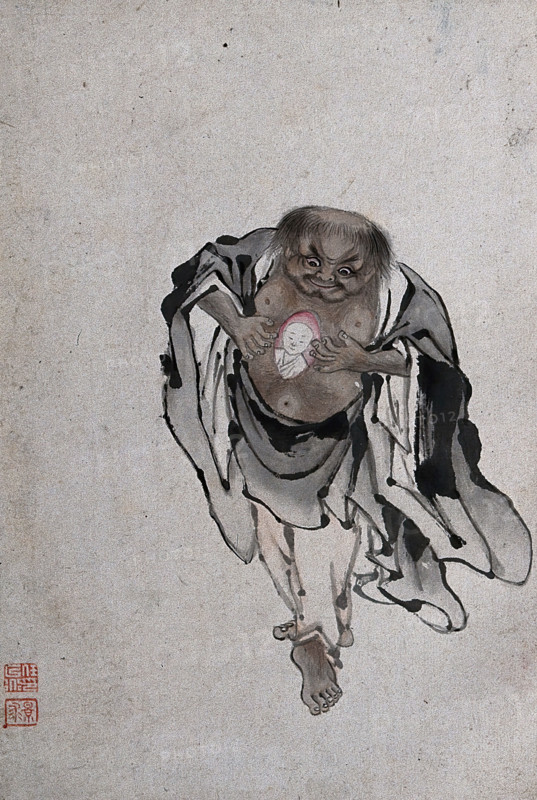 A Chinese man standing revealing a portrait of a man within his chest, (between 1800 and 1899?). Creator: Unknown.