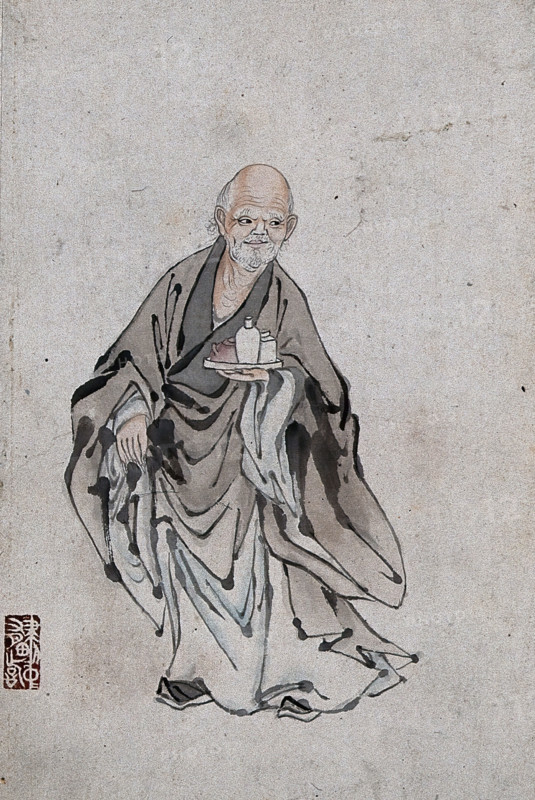 A Chinese man standing holding three vessels on a tray, (between 1800 and 1899?). Creator: Unknown.