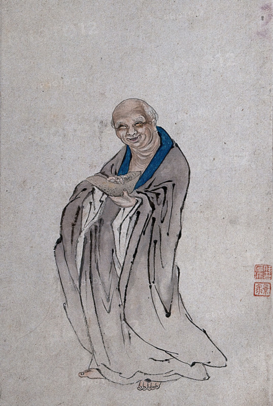 A Chinese man standing holding a long bowl with raised ends, (between 1800 and 1899?). Creator: Unknown.