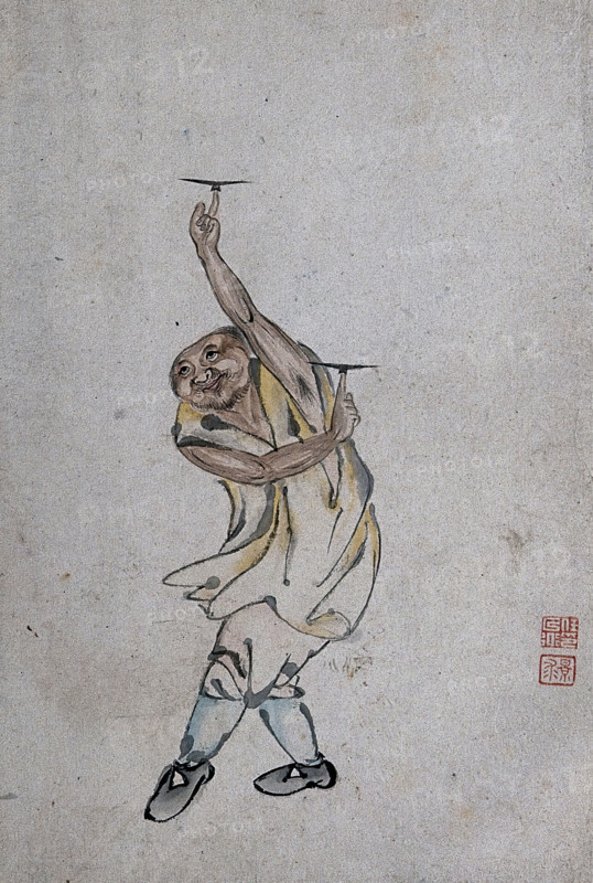 A Chinese man spinning plates on his index fingers, (between 1800 and 1899?). Creator: Unknown.