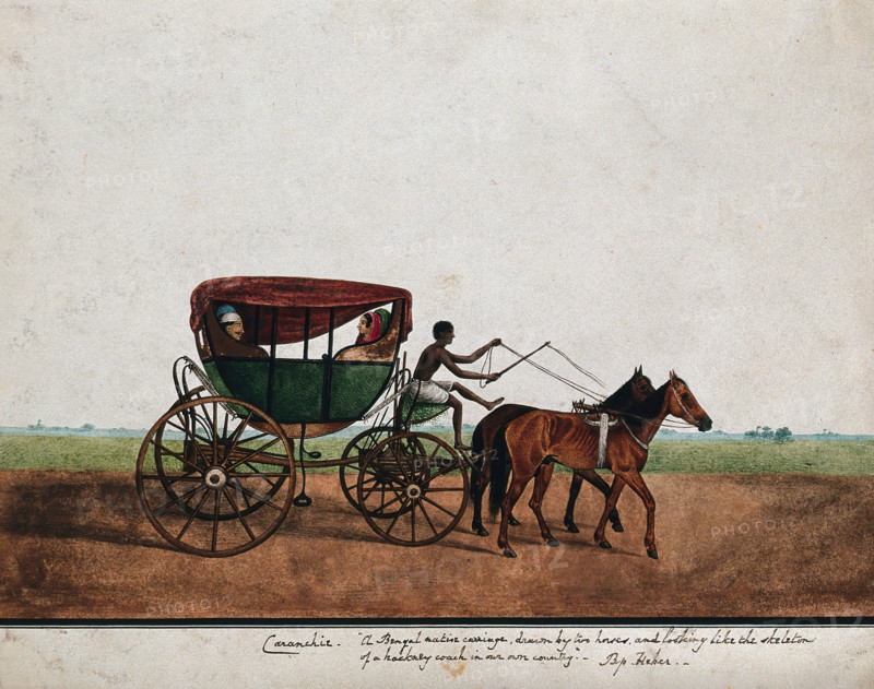 Four people travelling in a carriage drawn by two horses, (between 1800 and 1899?). Creator: Unknown.