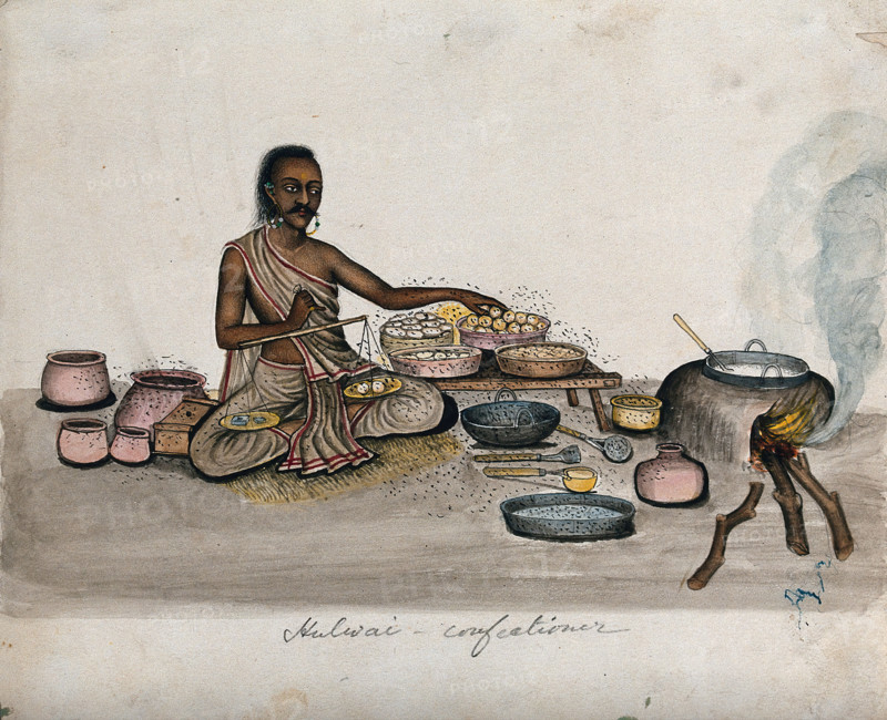 A halwai (sweet maker) weighing some mithai (sweets), (between 1800 and 1899?). Creator: Unknown.