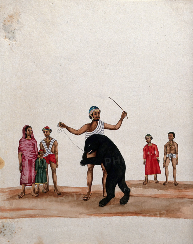 A man with his performing bear watched by a group of people, (between 1800 and 1899?). Creator: Unknown.