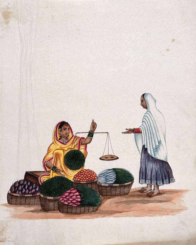 A woman weighing vegetables for a female customer, (between 1800 and 1899?). Creator: Unknown.
