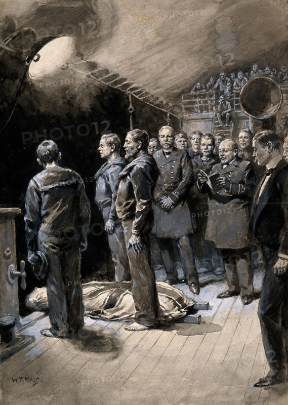 Boer War: a funeral on board a ship at night with officers and crew standing round the body, 1899. Creator: William T Maud.