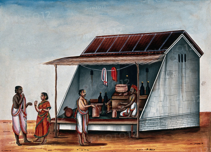 A man at a arrack (a strong alcoholic drink) shop, whilst a couple..., (between 1800 and 1899?). Creator: Unknown.