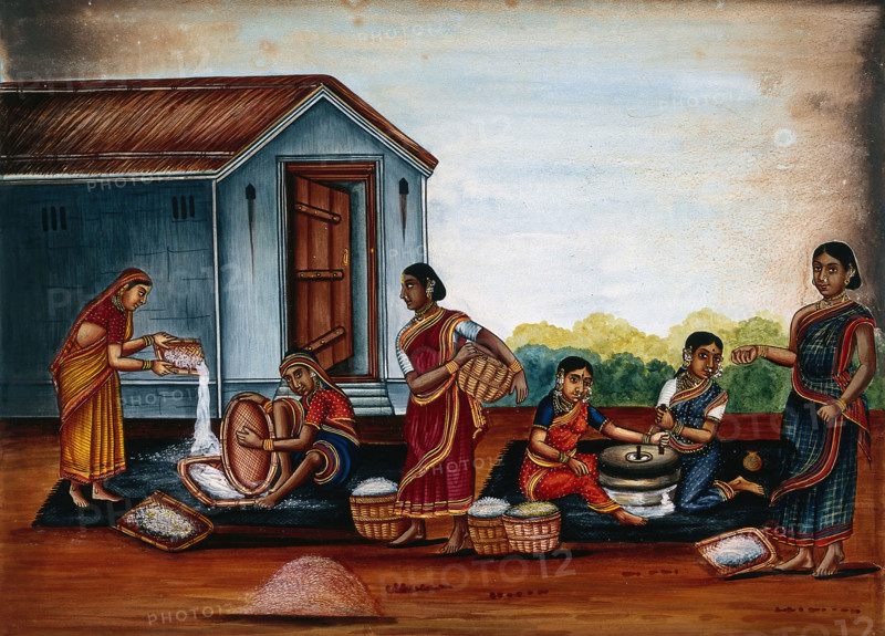 Women grinding and sieving grain into flour, (between 1800 and 1899?). Creator: Unknown.