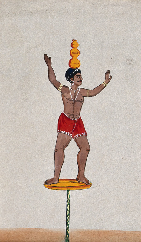 A street performer standing on a disc balancing three pots on his head, (between 1800 and 1899?). Creator: Unknown.