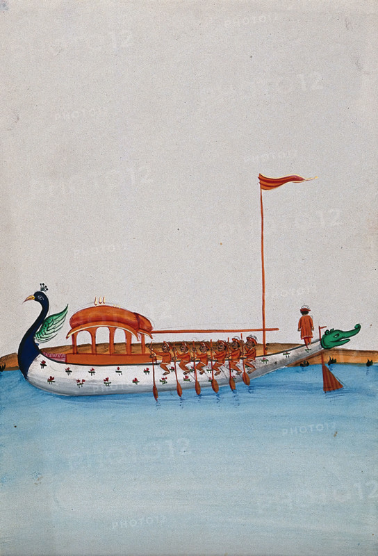 Six men row a long boat with a domed canopy, shaped as a peacock in the... (between 1800 and 1899?). Creator: Unknown.