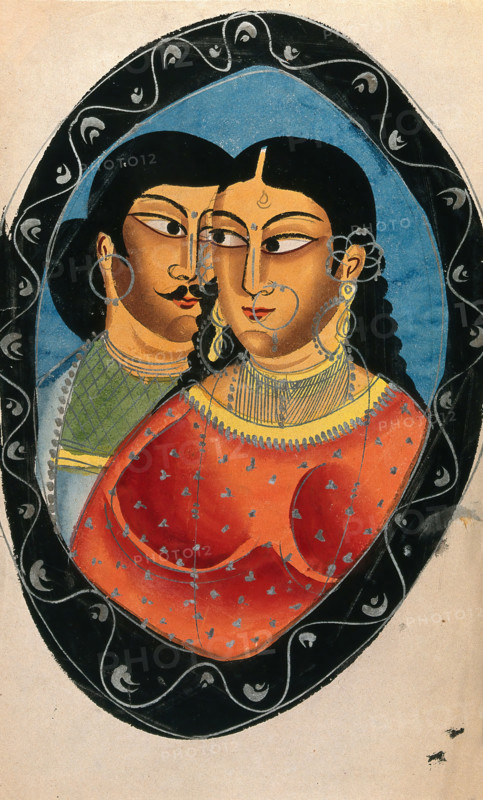 Two lovers surrounded by an oval frame. Creator: Unknown.