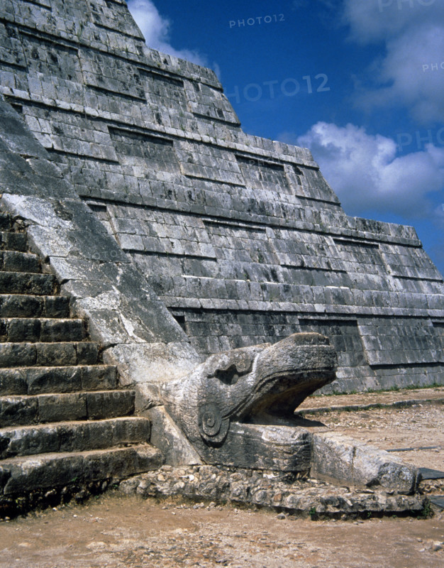 Base of El castillo, Serp sculpture, Chichen Itza, Yucatan, Mexico, Mayan, 900-1224 (1998). Creator: Unknown.