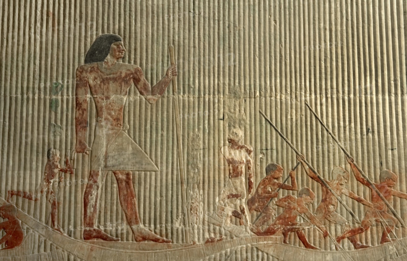 Relief detail  of hunting scene before Ti standing on a ship, Mastaba of Ti, Egypt,  2003. Creator: Unknown.