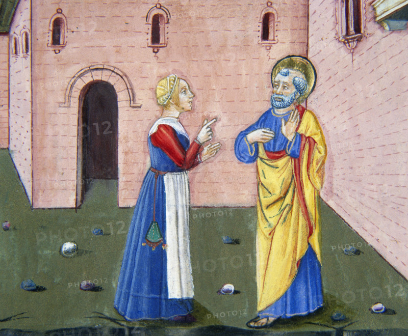 Miniature depicting Peter, discovered by a servant, denies knowing Jesus for the second time, 1476.  Creator: Cristoforo De Predis.