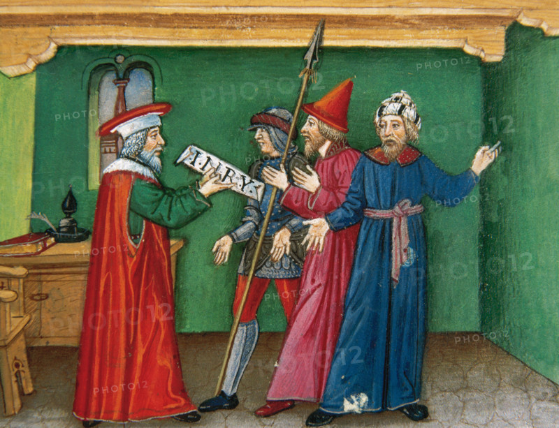 Miniature depicting Pilate with an inscription which reads: Jesus of Nazareth, king of the..., 1476. Creator: Cristoforo De Predis.