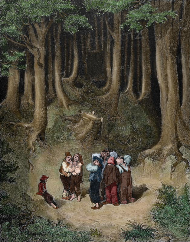 Scene from "Hop-o'-My-Thumb" - the children realise that they are lost in the forest, c1862.  Creator: Gustave Doré.