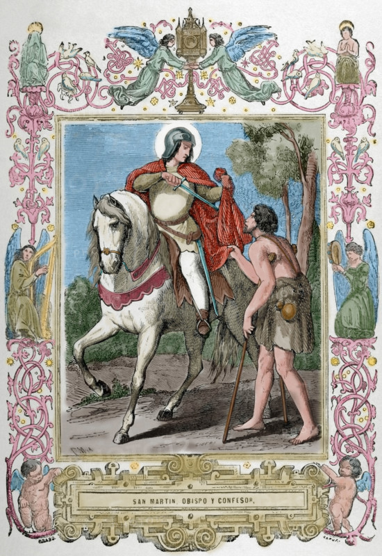 St Martin of Braga (520-589) sharing his cloak with a beggar, 1853. Creator: Cibera.