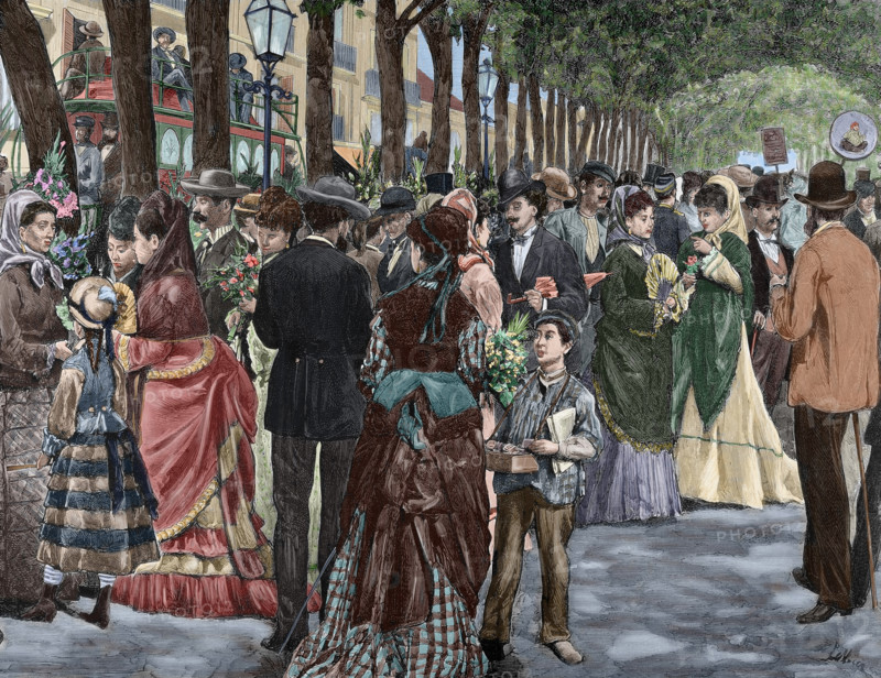La Rambla de las Flores (Rambla of the Flowers), Barcelona, Spain, late 19th century?  Creator: Josep Lluís Pellicer Feñé.