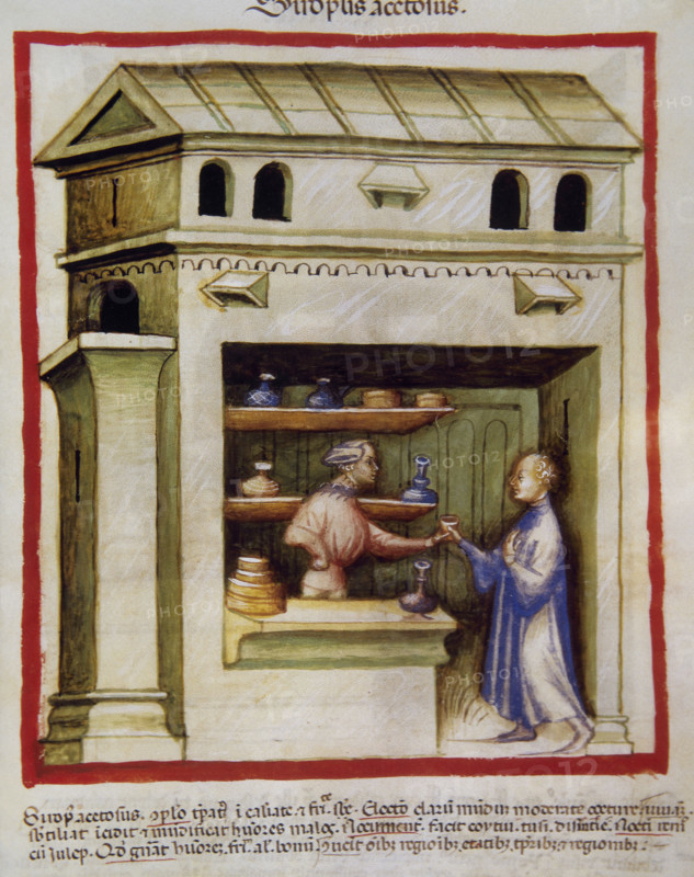An apothecary gives vinegar syrup to a man, 14th century.  Creator: Unknown.