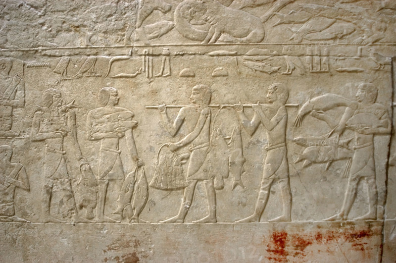 Carrying the fishing, polychrome relief, Mastaba of Kagemni, Saqqara, Egypt, Old Kingdom (2003). Creator: Unknown.