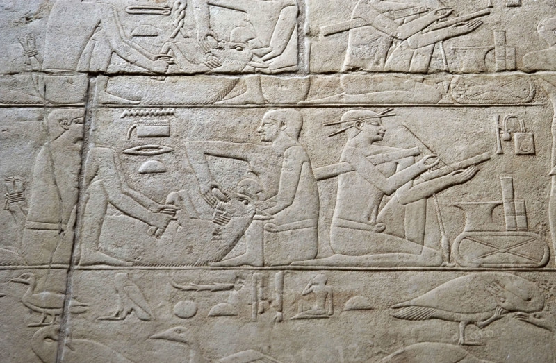 Feeding a cow and scribe relief, Mastaba of Kagemni, Saqqara, Egypt, 2350 BC (2003). Creator: Unknown.