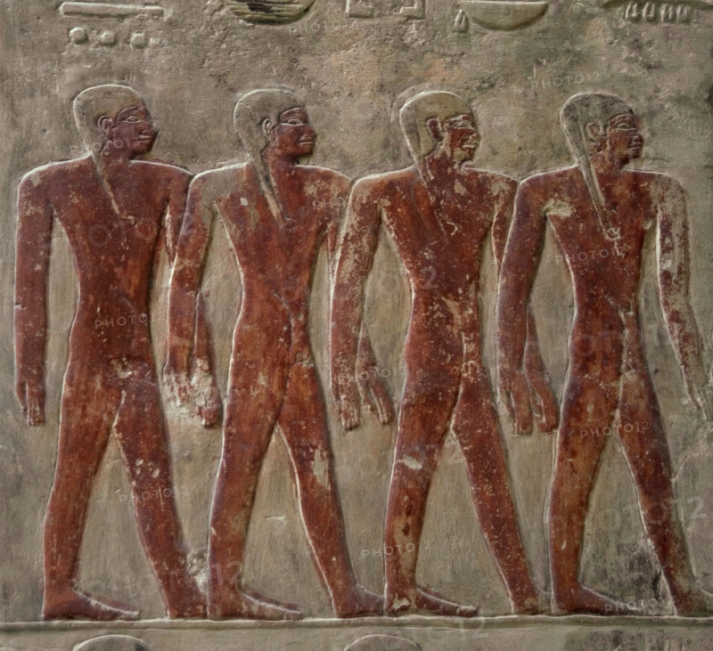 Polychrome relief depicting four young men..., Mastaba of Mereruka, Saqqara, Egypt, 2340 BC (2003). Creator: Unknown.