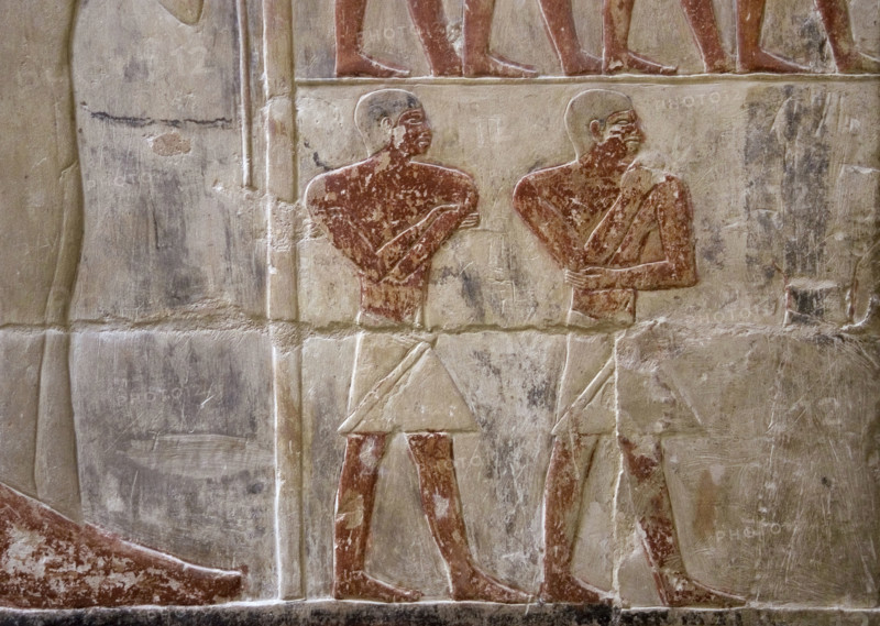 Polychrome relief depicting two Egyptian men, Mastaba of Mereruka, Saqqara, Egypt, 2003. Creator: Unknown.