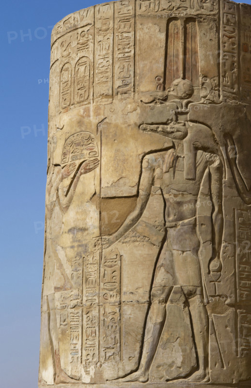 Relief of the god Sobek wearing shuty crown, Temple of Kom Ombo, Egypt, 2nd century BC (2023). Creator: Unknown.