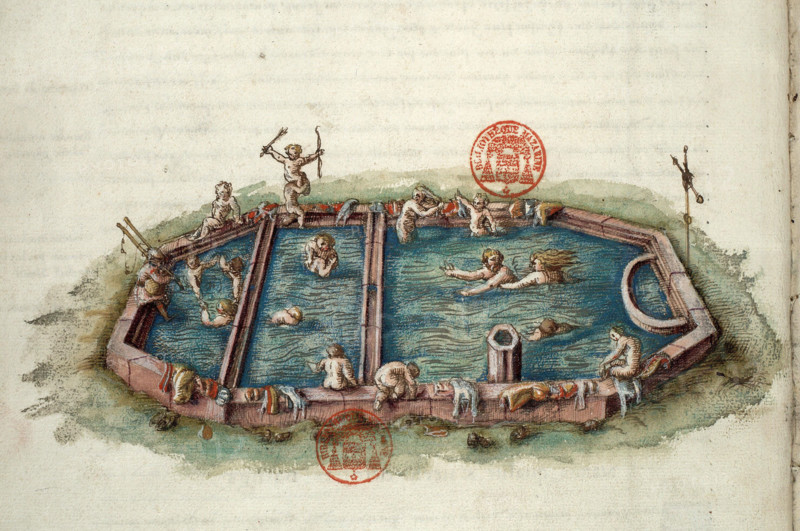Bains de Néris-les-Bains. Miniature from Générale description du pais et duché de..., 1561-1574. Creator: Anonymous master.