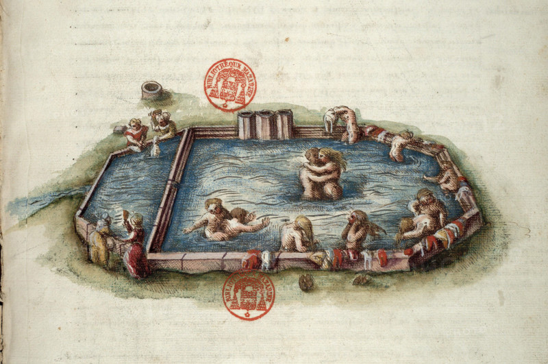 Bains de Bourbon-l'Archambault. Miniature from Générale description du pais et..., 1561-1574. Creator: Anonymous master.